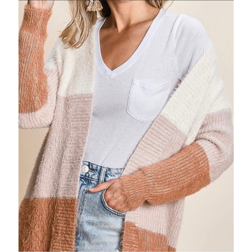 Lush Marled Knit Colorblock Hooded Cardigan